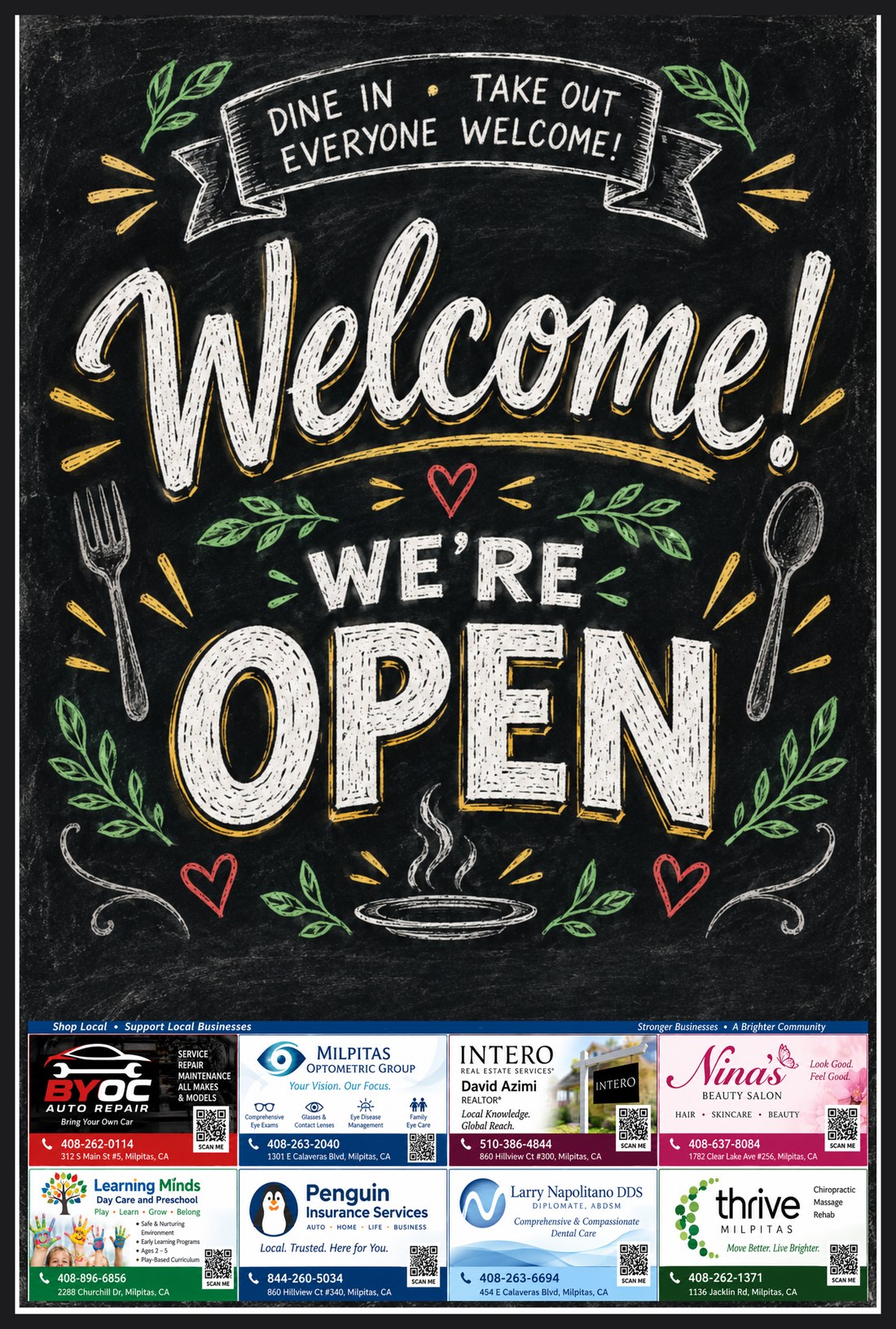 24 by 36 inch Welcome, We're Open specials board with a panel of eight Milpitas business ads along the bottom